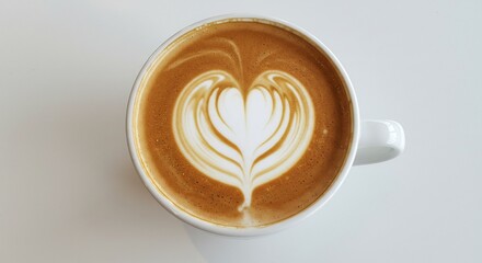 温かいカフェラテ、美しいハート模様 柔らかな光で輝く一杯. AI Generated