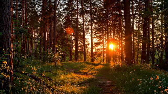Beautiful sunset in the forest, warm summer evening.