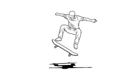 Dynamic skateboarder captures thrilling aerial trick in sketchy line art style action shot