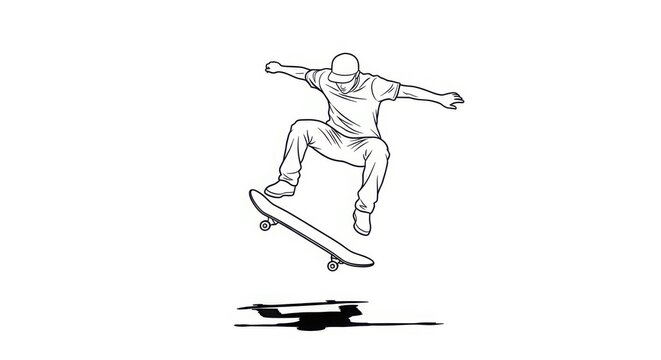 Dynamic skateboarder captures thrilling aerial trick in sketchy line art style action shot