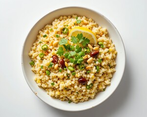 Delicious and healthy Mediterranean couscous salad bowl with fresh cilantro, pine nuts, olives, and a lemon wedge garnish, viewed from above