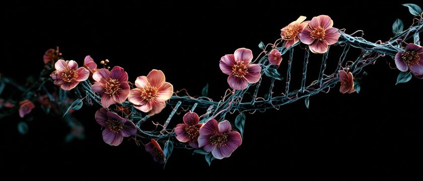 DNA helix transforming into flowering vine, genetic health beauty 