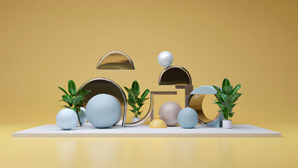 A minimalist 3d composition featuring abstract geometric shapes, spheres, and potted plants on a white platform against a yellow background