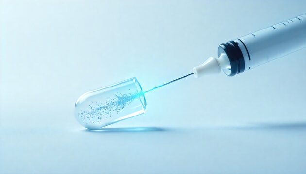 Futuristic biotechnology concept with a syringe extracting a glowing blue serum from a vial for advanced medical therapy or vaccination