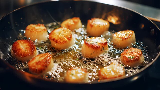Cook scallops on frying pan. Cooking process