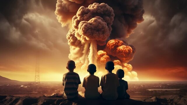 Children witness explosive devastation as aftermath of disaster unfolds in the horizon during twilight
