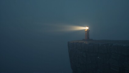 Fototapeta premium Lighthouse beam cuts through the fog, a beacon of hope in the twilight, perched atop a rugged cliff.