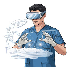 Surgeon using VR/AR headset for futuristic robotic surgery with a holographic interface vector illustration.