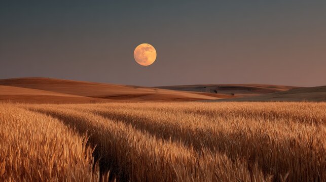 Harvest moon rising over amber wheat fields, peaceful rural landscape, cinematic composition - Powered by Adobe