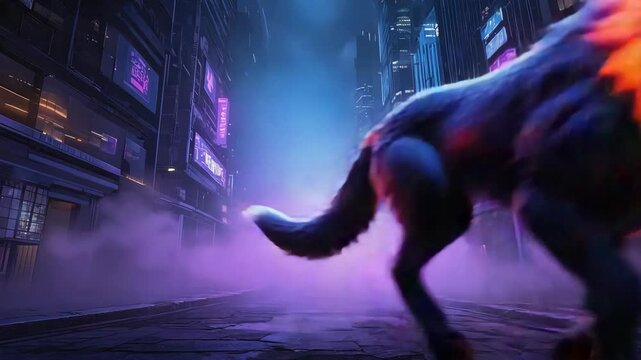 Powerful wolf with glowing fur standing in the middle of a cyberpunk city street at night, fog rolling in, neon signs illuminating the scene, creating a mystical and futuristic atmosphere