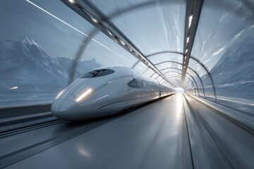 Fototapeta premium Hyperloop travel pod racing through glass tunnel 