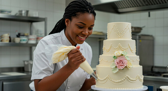 Happy African American female pastry chef decorating wedding cake in professional kitchen