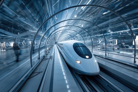 Hyperloop travel pod racing through glass tunnel 