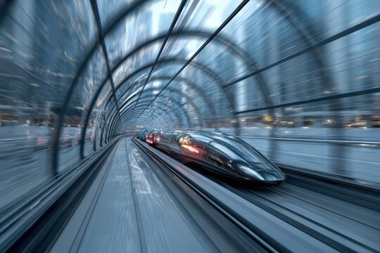 Hyperloop travel pod racing through glass tunnel 