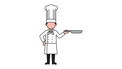 Culinary Maestro: An illustration of a chef, exuding culinary expertise, confidently presents a frying pan in a gesture of food preparation and artistic gastronomy.