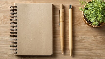 Minimalist composition with an eco-friendly recycled paper notebook and bamboo pens on a rustic wooden background. Concept of sustainability, zero waste office supplies, and environmentally conscious 