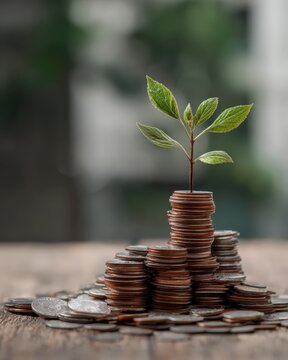 Investment growth concept with plant sprouting from pile of coins, financial metaphor 