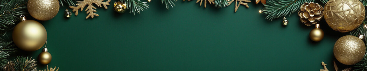 Green Christmas background with snowflakes and gold banner
