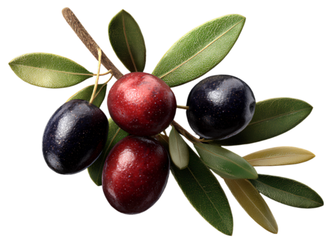 Black and Red Olives on a Branch with Leaves olive branch isolated on a transparent background