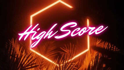 Animation of high score text over leaves and neon glowing background - Powered by Adobe