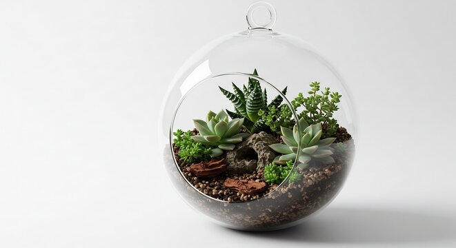 透明な球体 鮮やか多肉植物 繊細な光 ミニチュア庭園 (Toumei na kyuutai azayaka tankyu shokubutsu sensai na hikari minichaa teien) Translation: Transparent sphere, vivid succulents, delicate light, miniature garden.