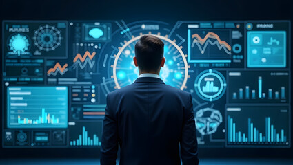 Professional executive viewing advanced holographic data interface with financial graphs, futuristic charts, and digital analytics for technology, business intelligence, and innovation.