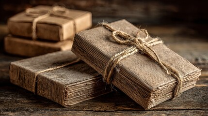 Eco friendly packages wrapped in recycled paper and tied with natural jute string. Concept of sustainable packaging, zero waste lifestyle, and vintage rustic style. Ideal for themes of recycling, ecol