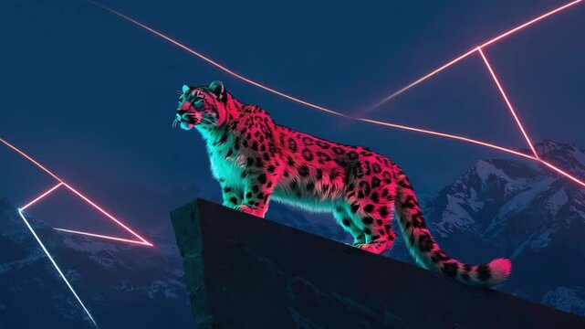 Majestic snow leopard standing on a rock illuminated by vibrant neon lights, with a backdrop of snow-capped mountains, creating a captivating and surreal scene