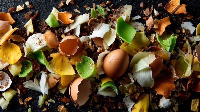 Close up of organic food waste with eggshells and dried plant peels, symbolizing sustainability, composting and recycling for America Recycles Day. - Powered by Adobe