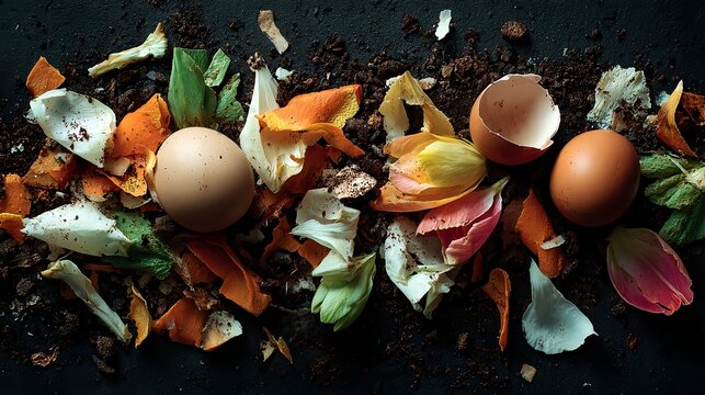 Close up of organic food waste with eggshells and dried plant peels, symbolizing sustainability, composting and recycling for America Recycles Day. - Powered by Adobe