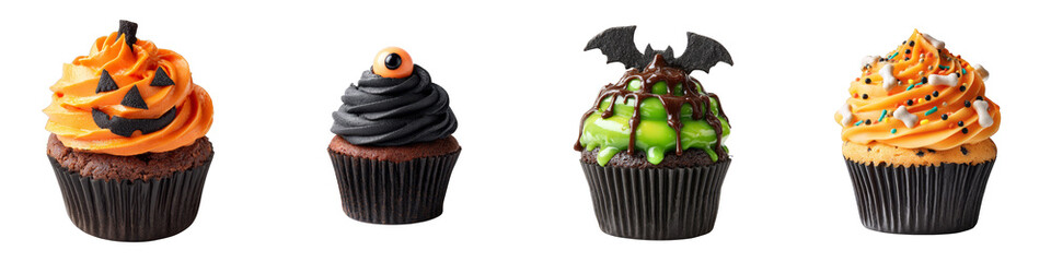 Halloween themed cupcakes with creative designs on transparent background