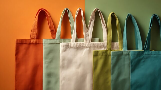 Row of reusable cotton tote bags hanging on a wall in natural light, symbolizing eco friendly living, zero waste lifestyle and reducing plastic waste. Perfect for America Recycles Day, sustainability - Powered by Adobe