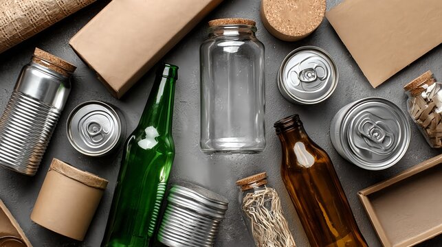 Arrangement of recyclable materials such as glass bottles, tin cans and paper cups around a blank cardboard background, symbolizing America Recycles Day, sustainability and eco awareness with copy spa - Powered by Adobe
