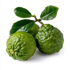 Obraz premium A close-up shot showcasing the vibrant green kaffir limes and leaves. The textured skin of the limes, paired with the fresh, leafy sprigs, evokes a sense of freshness and natural appeal.