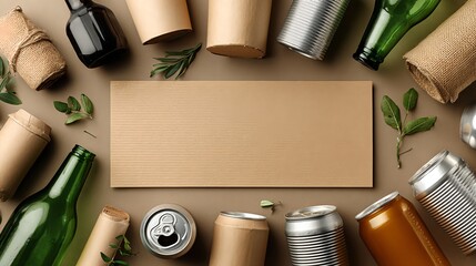 Arrangement of recyclable materials such as glass bottles, tin cans and paper cups around a blank cardboard background, symbolizing America Recycles Day, sustainability and eco awareness with copy spa