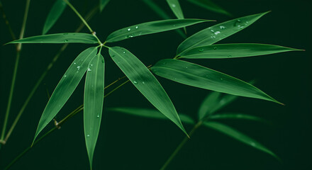 Obraz premium Vibrant green bamboo leaves with glistening water droplets, creating a fresh, serene, and natural backdrop.