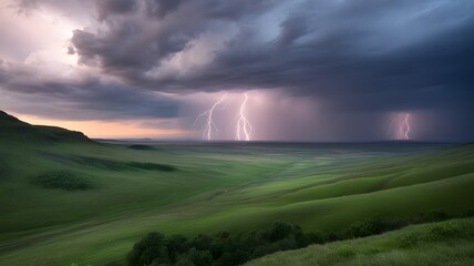 Dramatic Lightning Strike Over Lush Green Countryside on a Stormy Evening – Powerful Nature Photography