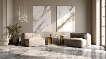 Fototapeta premium Modern Minimalist Living Room with Marble Floor and Abstract Wall Art