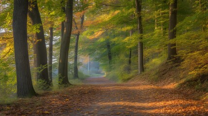 Obraz premium Serene Forest Trail During Autumn with Sunlit Foliage and Fallen Leaves – Peaceful Nature Photography