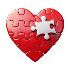 A red heart shaped puzzle with one missing piece