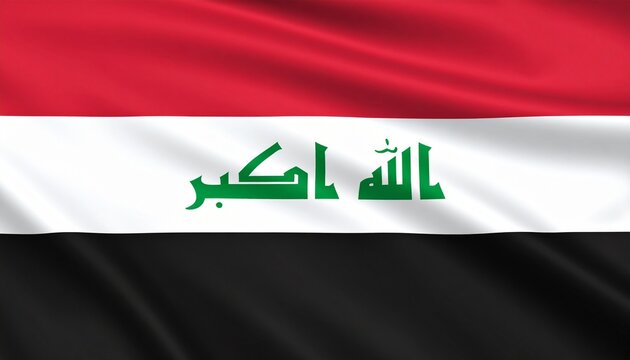 Iraqi flag with red, white, black stripes and green Kufic script reading "Allahu Akbar". - Powered by Adobe