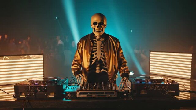 Skeleton dj wearing golden jacket mixing music on turntables at nightclub during halloween party with people dancing in background and colorful lights