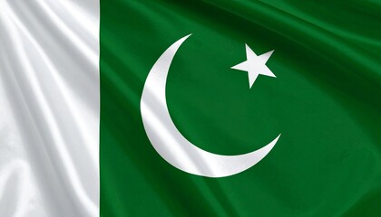 Pakistani flag with green field, white stripe, crescent moon, and five-pointed star.