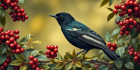 Fototapeta premium Engraved black starling amidst foliage & berries; screen print style, packaging, forest