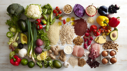 Educational healthy food group display from overhead view with neatly organized fresh vegetables fruits protein sources whole grains arranged by categories for teaching nutrition education purposes.