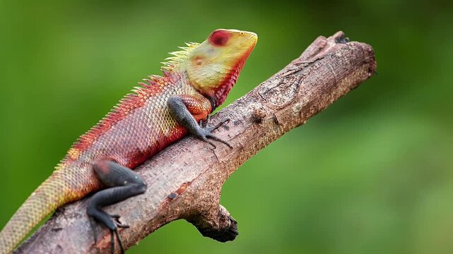 Oriental garden lizard sitting on a tree branch