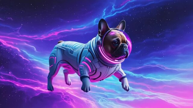 French bulldog wearing a futuristic spacesuit floats serenely amidst a vibrant cosmic nebula, with swirling clouds of pink and blue creating a stunning backdrop