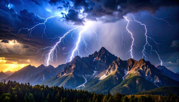 Dramatic mountain range struck by lightning