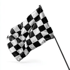 A checkered flag waving high in the air, signifying victory and the finish line. The flag's iconic black and white pattern flutters, capturing the excitement of the race.