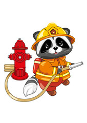 Cute raccoon firefighter with a hydrant